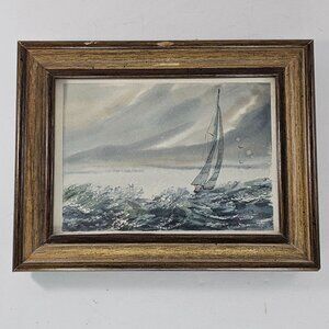 Vintage Framed Watercolor Sailboat Painting Nautical Signed Ping 8.75"x6.5"